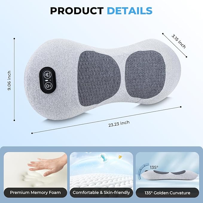 3 in 1 Electric Back Massager Triple Fusion Back Massager with Heat Lumbar Support Pillow for Bed and Chair - Grey