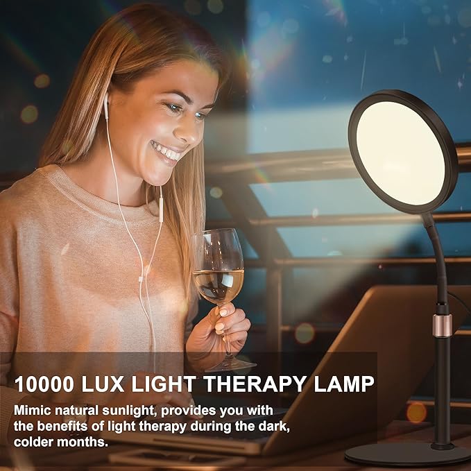 Light Therapy Lamp UV-Free 10000 Lux Sun Therapy Light with 360° Gooseneck &amp 9 Brightness Happy Therapy Desk Lamp for Lift Mood (Black)