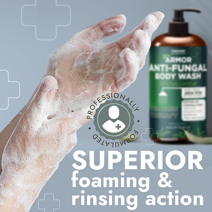 Antifungal Body Wash with Tea Tree Oil | Antifungal Soap for Back AcneTreats Ringworm Eczema &amp Jock Itch | Antifungal Body Soap For Men And Women | Includes Silicon Scrubber (16.9 oz)