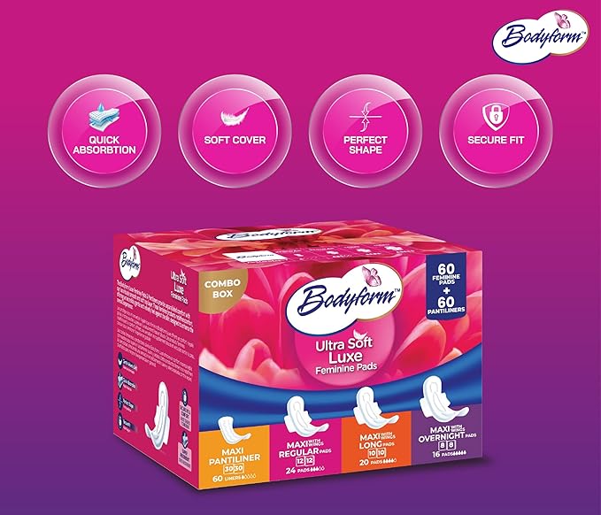 Bodyform Luxe Feminine Care Value Combo Pack 120 Count (60 Ultra-Soft Pads + 60 Gentle Pantyliners) Variety Pack Cushion-Soft &amp Ultra-Absorbent Daily Freshness &amp Protection
