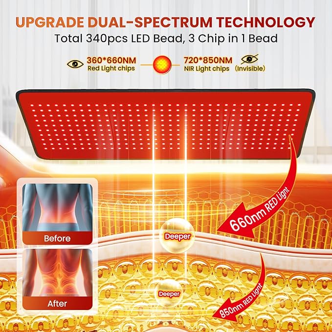 Red Light Therapy Mat for Full Body Foldable 340 LEDs Near Infrared Light Therapy Pad 660nm&amp 850nm 2in1 LEDs Light Blanket High end Leather 5 Power Levels UP to 65W 29.6'x14''