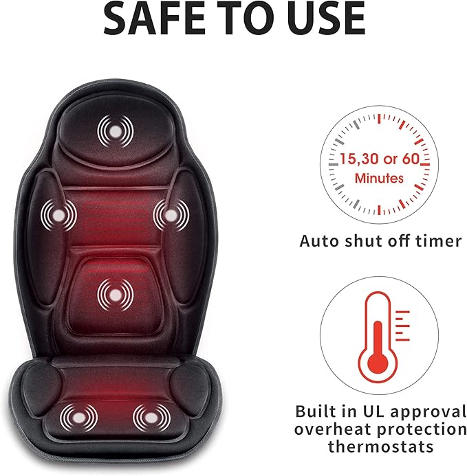 Snailax Massage Seat Cushion - Back Massager with Heat 6 Vibration Massage Nodes &amp 2 Heat Levels Massage Chair Pad for Home Office ChairBlack