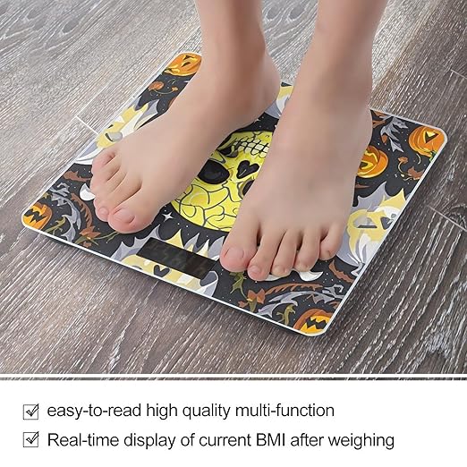 Yellow Skull Bathroom Scale for Body Weight Bathroom Weighing Scales with Back Lit LED Display Sturdy Tempered Glass Body Weight Bathroom Scale 400lb Weighing