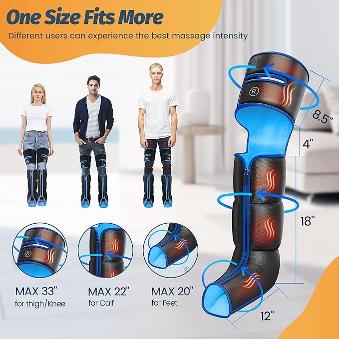 Leg Air Massager with Heat &amp Compression Calf Thigh Foot Massager for Circulation Relaxation Pain Relief - 6 Modes 3 Intensity Levels 3 Heat Levels