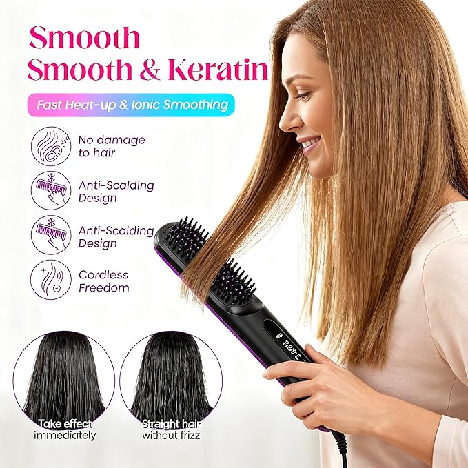 Go Brush Pro Hair Straightening Brush Portable Cordless Mini Straightener 3 Temp Auto Shut-Off Anti-Frizz Ideal for On-The-Go Styling