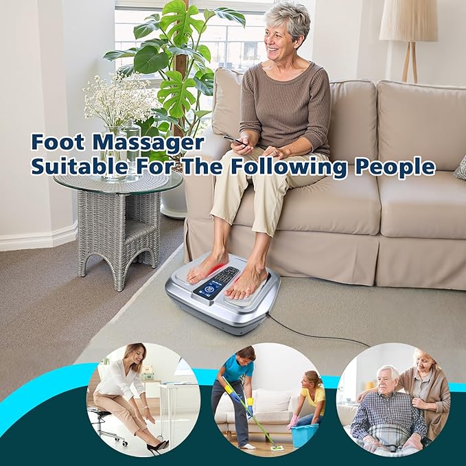 EMS Foot Massager with HeatTENS Electronic Muscle Circulation Stimulator with 4 Electrode Pads for NeuropathyRelieves Swelling Fatigue Plantar Fasciitis-Silent Operation (Silver) (Silver)