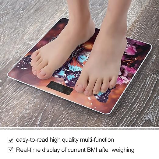 Colorful Butterflies on Flowers Smart Scale for Body Weight Accurate Bathroom Scale with LED Display Digital Weight Scales Weighing Machine High Precision Scales for Bath Home
