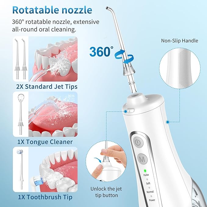 Cordless Oral Irrigator - 4 Modes Water Flosser for Teeth Cleaning 300ML Reservoir 360° Nozzle IPX7 Waterproof 2000mAh Rechargeable Battery 4 Jet Tips Smart Memory Function (M149 - White)