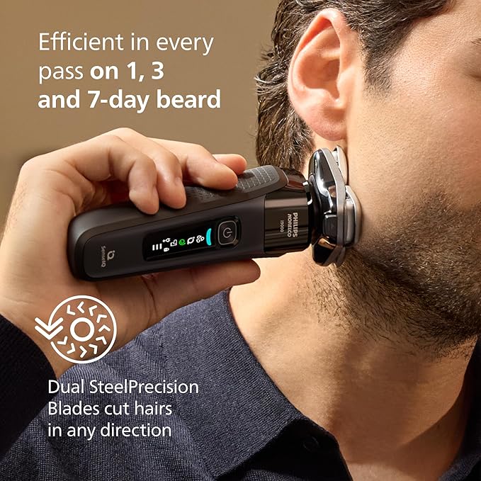 Philips Norelco Shaver i9000 Wet &amp Dry Electric Shaver Ink Black SenseIQ Technology Triple Lift &amp Cut System 360 Rotating Dual SteelPrecision Precision Blades Nose Trimmer Model X9000/9