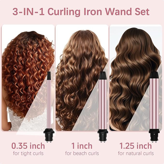 Wand Curling Iron Set 3 in 1 Curling Iron with Interchangeable Barrels (0.35 1 1.25) for Versatile Curls Fast Heating Curling Wand Hair Waver Crimper Hair Tool Ideal for Gifts