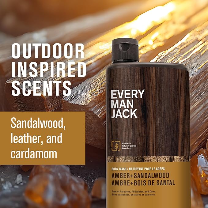 Every Man Jack Amber+Sandalwood Hydrating Mens Body Wash for All Skin Types-Cleanse Nourish and Hydrate Skin with Naturally Derived Ingredients-Paraben Free Phthalate Free Dye Free-24oz(Pack of 2)