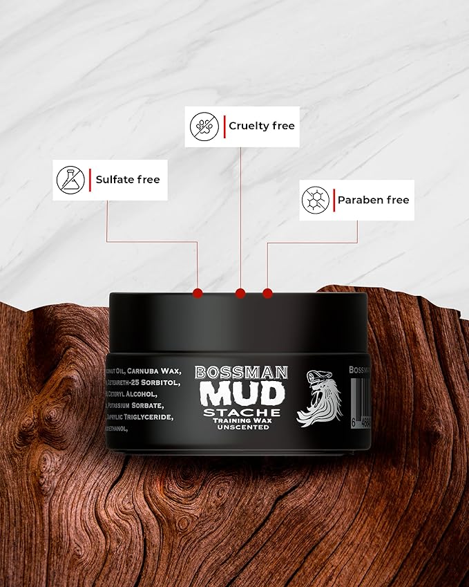 Bossman Sandalwood Comb + 2 Pack MUDstache Mustache Wax Bundle – Wide Tooth Comb for Beard with Strong 24-Hours Hold Taming &amp Styling Wax