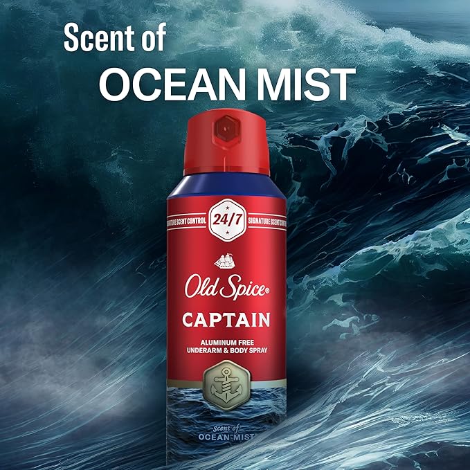 Old Spice Aluminum Free Body Spray for Men 24/7 Signature Scent &amp Lasting Freshness All-Day Odor Protection Easy Application Captain with Bergamot Sea Air &amp Driftwood Scent 5.1 oz (Pack
