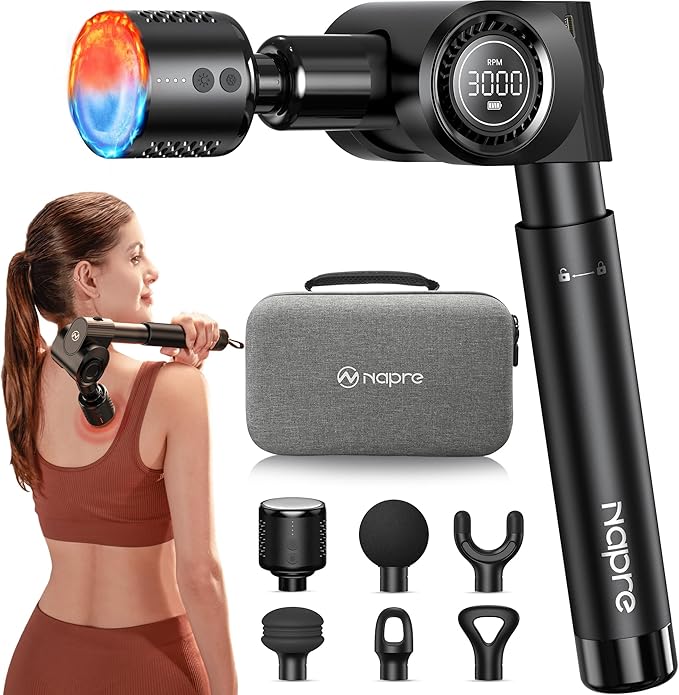NAPRE Massage Gun with Heat and Cold HeadDeep Tissue Percussion Back Massager for Muscle/Neck/Body Pain Relief with Long Extension Retractable Handle32-SpeedsFoldable with 5 Adjustable Angles