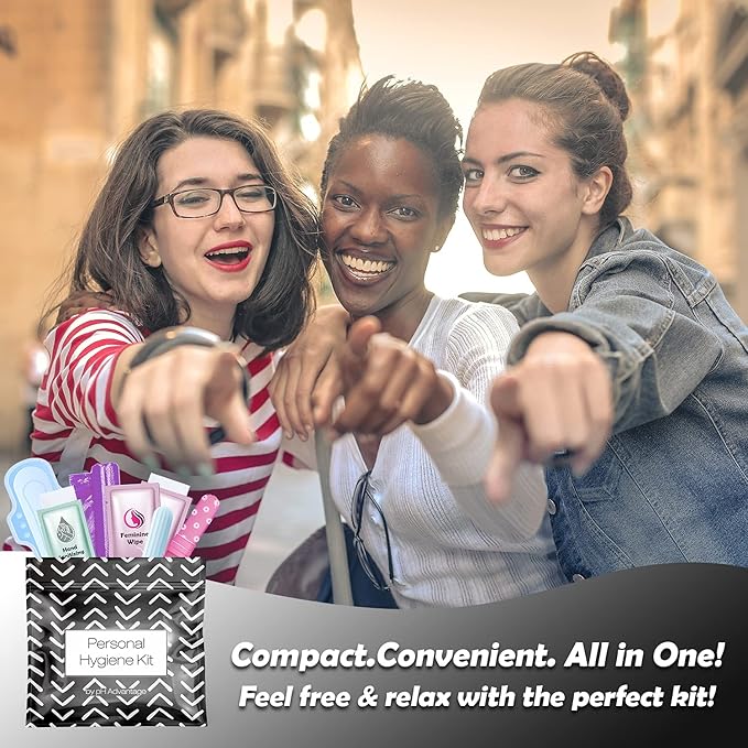 Menstrual Kit All-in-One 10 Pack | Convenience on The Go | Period Kit Pack for Travelling Tweens &amp Teenager | Individually Wrapped Feminine Hygiene Product (Black Treads)