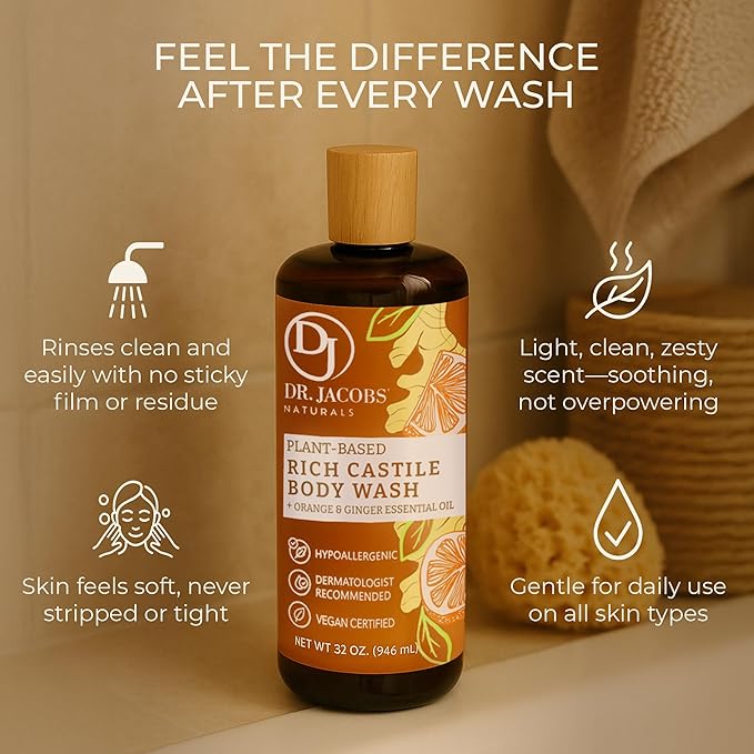 Dr. Jacobs Naturals Castile Orange and Ginger All-Natural Body Wash for Moisturizing Dry Skin with Plant-Based Ingredients with Pump - 32 Ounce