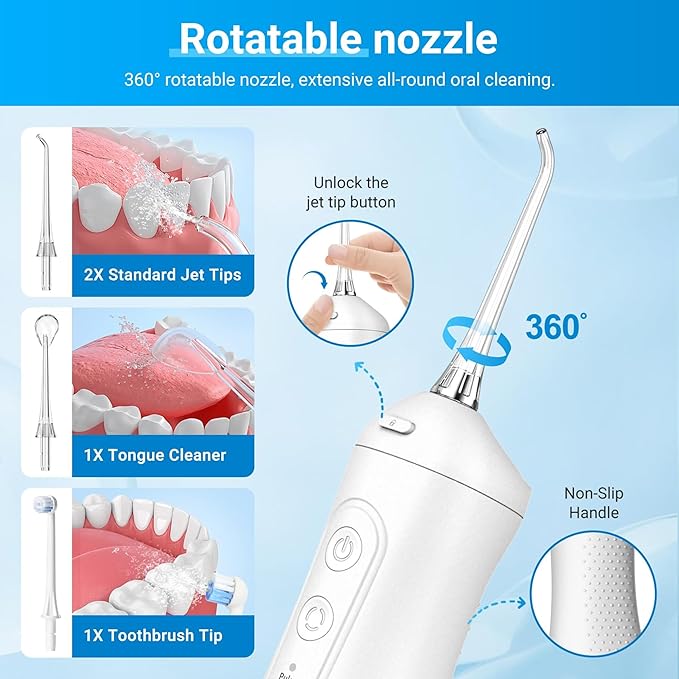Portable Water Flosser for Teeth - 4 Modes Cordless Oral Irrigator with 300ML Tank 360° Rotating Nozzle 4 Jet Tips Rechargeable IPX7 Waterproof Low Noise Gravity Ball Design (M159 - White)