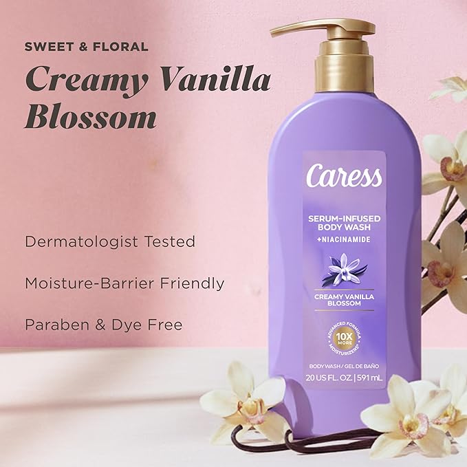 Caress Creamy Vanilla Blossom Moisturizing Body Wash with Pump Serum-Infused Formula with Niacinamide Sweet Musky Long Lasting Fragrance Dermatologist Tested 20 fl oz (4 Pack)