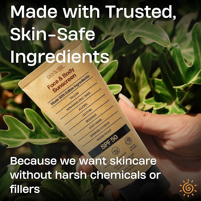 Sky and Sol Mineral Sunscreen SPF 50 | With Grass-Fed Tallow &amp Zinc Oxide | Non-Greasy Formula for Face &amp Body | Made Without Reef-Harming UV Filters | 3 oz (85 g)