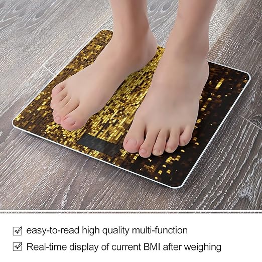 Gold Sequin Sparkle Scale for Body Weight Anti-Slip Tempered Glass Digital Bathroom Scales Clear LCD Display Weighing Scale Safe Rounded Corners Smart Scales
