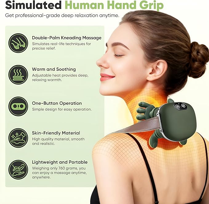 WO-WO Cordless Neck and Shoulder Massager with Heat – 4D Deep Tissue Kneading for Trapezius Pain Relief – Simulated Human Hand Grip Massage for Back Legs &amp Body – Hands-Free Rechargeable Design