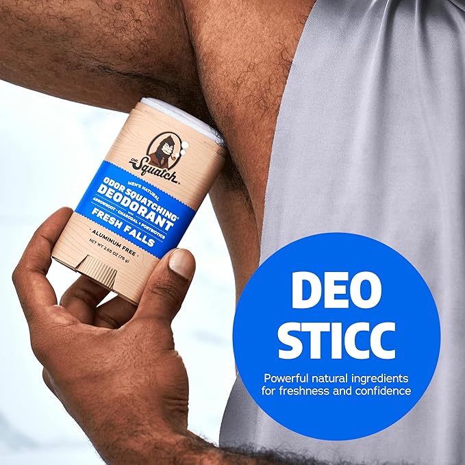 Dr. Squatch Natural Men’s Deodorant – Aluminum Free Natural Deodorant Men with Charcoal &amp Postbiotics for 72-Hour Odor Protection – Fresh Falls 2.65oz Stick (3-Pack)