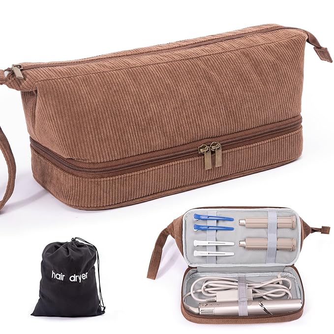 Hair Tools Travel Case - Double-Layer Organizer for Hair Dryer Curling Iron &amp Attachments - Brown Corduroy with Zipper Closure &amp Top Handle