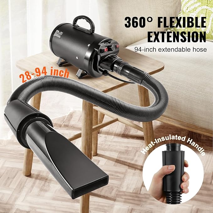 Happybuy Dog Dryer: A 2000W/2.7HP Powerhouse for Pet Grooming. Featuring Adjustable Speed and Temperature Control Along with 4 Nozzles and an Extendable Hose