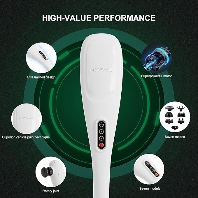 MEGAWISE Cordless Back Massager for Shoulders Waist Legs Rechargeable 3200mAh Battery 5 Speed and 5 +2 Massage Nodes 5 Hard 2 Silicone Nodes Massage While Moving Around (Off White Cordless)