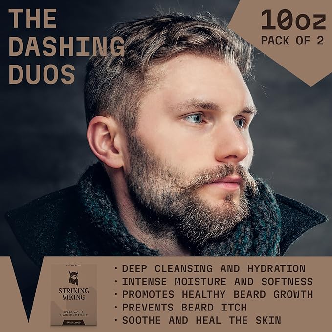 Striking Viking Beard Care Set (Sandalwood) - Paraben &amp Sulfate Free Shampoo with Jojoba Oil - Deep Clean for All Beard Types (10oz Per Bottle)