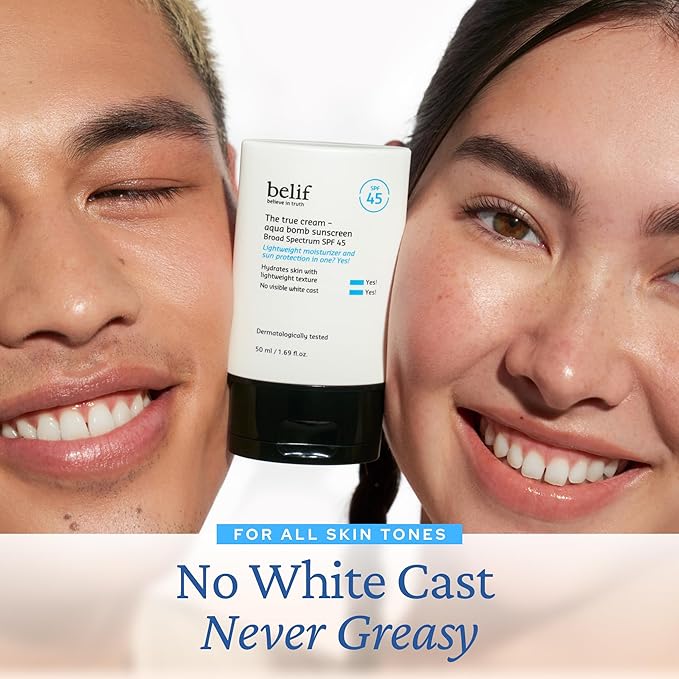 belif Aqua Bomb SPF 45 Hydrating Niacinamide Sunscreen (1.69 fl. oz) - The True Cream PA++++ Daily Broad Spectrum No White Cast Weightless &amp Invisible Non-Greasy Korean Skincare | Hydrating