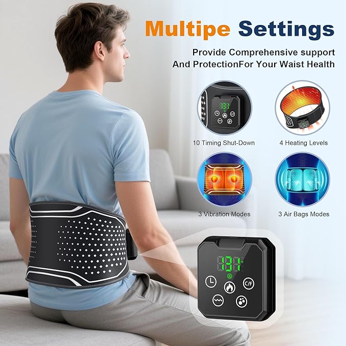 Lower Back Massager with Heat Cordless Back Heating Pad with 4 Heat Levels 3 Vibration Modes &amp Air Compression Pain Relief Gifts for Women Men Mom &amp Dad
