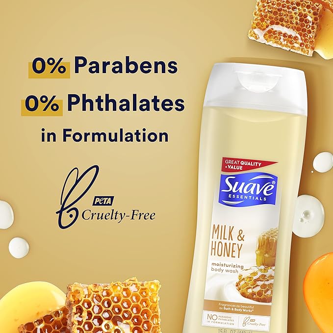 Suave Essentials Body Wash Creamy Milk and Honey Splash 15 Fl Oz (Pack of 6)
