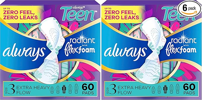 Always Radiant Teen Pads Size 3 Extra Heavy with Wings Unscented60 Count (Pack of 2)