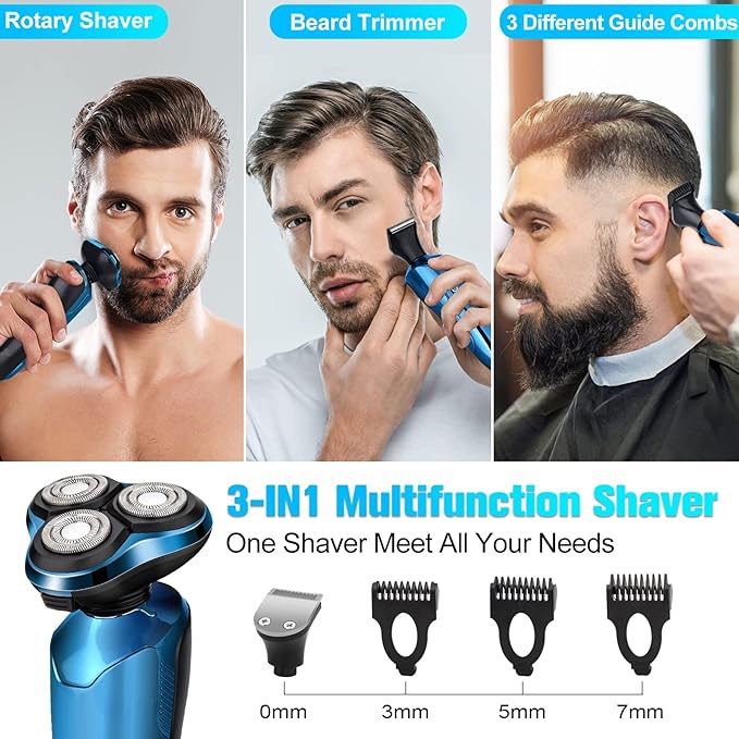 Electric Razor for Men 3-in-1 Shaver with Floating Blades for Nose Hair &ampSideburnsReplacement Blades Pop-up Trimmer IPX7 Waterproof Travel Lock Wet &amp Dry Use Face Shaving Grooming Trave