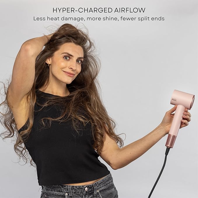 Ionic Hair Dryer with Diffuser for Curly Hair Quiet Professional Fast Drying Blow Dryer for Thick Hair with 2 Magnetic Attachments for Home Salon or Travel Tri Technology XO - Rose Gold/Pink