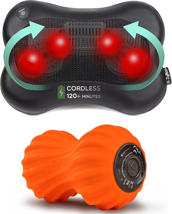 Zyllion ZMA-13RB Rechargeable Shiatsu Pillow Massager (Black) and ZMA-30 Vibrating Peanut Massage Ball (Orange)