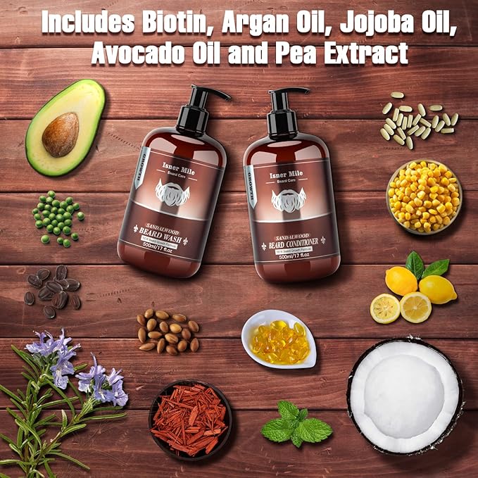 ISNER MILE Beard Wash &amp Conditioner Set for Men - 17 oz Shampoo with Biotin Argan &amp Jojoba Oils for Smooth Soft and Strengthened Beard - Sandalwood Scented Grooming Gift
