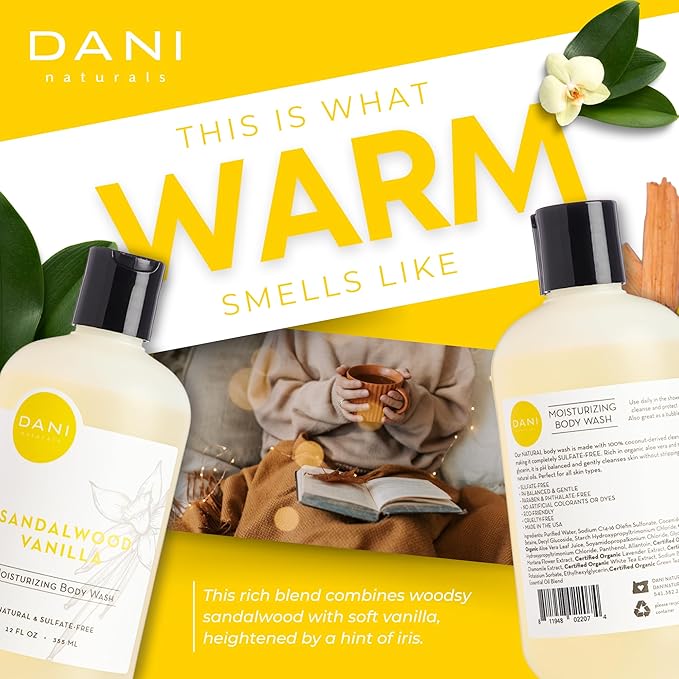 DANI Naturals Body Wash - Warm Sandalwood Vanilla Scent with Organic Aloe Vera &amp Natural Glycerin - Sulfate &amp Paraben-Free Shower Gel - For Men &amp Women - 12 oz - Vegan &amp Cruelty-Free