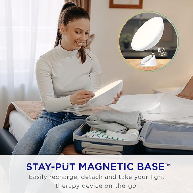 Verilux HappyLight Halo - Cordless LED Light Therapy Lamp with a 360° Magnetic Base &amp Rechargeable Battery for Portable UV-Free Full Spectrum 10000 LUX Light with Adjustable Brightness and Colo