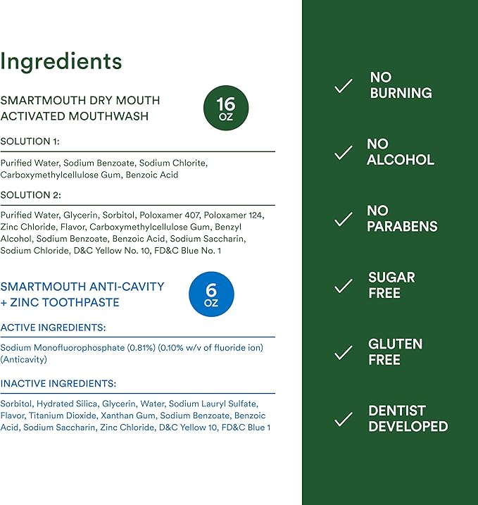SmartMouth Package with Dry Mouth Activated Mouthwash - 16 Fl Oz Dry Mouth Oral Rinse - Dual-Action Mints 50 Count - Premium Zinc Ion Toothpaste