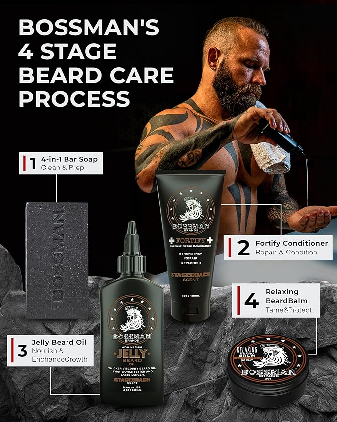 Bossman Essentials Beard Kit for Men Set of 3 - Beard Oil Jelly Fortifying Conditioner Cream Beard Balm - Grooming Growth Care Accessories - Gift Set for Men (Naked - Unscented)