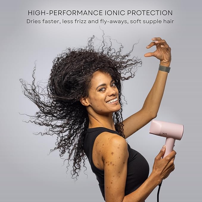 Ionic Hair Dryer with Diffuser for Curly Hair Quiet Professional Fast Drying Blow Dryer for Thick Hair with 2 Magnetic Attachments for Home Salon or Travel Tri Technology XO - Rose Gold/Pink
