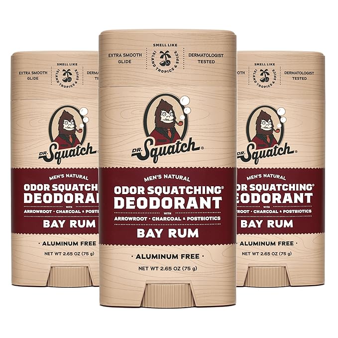 Dr. Squatch Natural Men’s Deodorant – Aluminum Free Natural Deodorant Men with Charcoal &amp Postbiotics for 72-Hour Odor Protection – Bay Rum 2.65oz Stick (3-Pack)