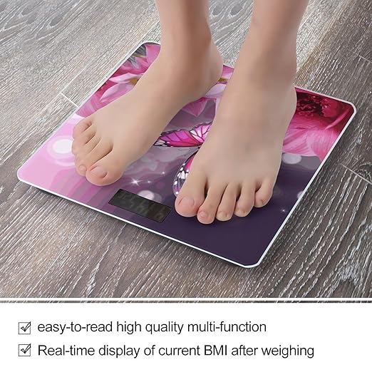Pink Flower and Butterfly Scale for Body Weight Anti-Slip Digital Bathroom Scale Sturdy Toughened Glass Weighing Scales High Precision Safe Rounded Corners Smart Scales