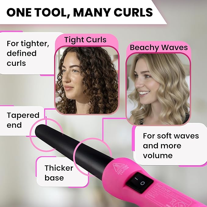 HerStyler Grande Ceramic Curling Iron - 1 inch Pink (Curling Wand for Long Short Hair Dual Voltage Negative Ions Tapered Barrel User Friendly PF30)