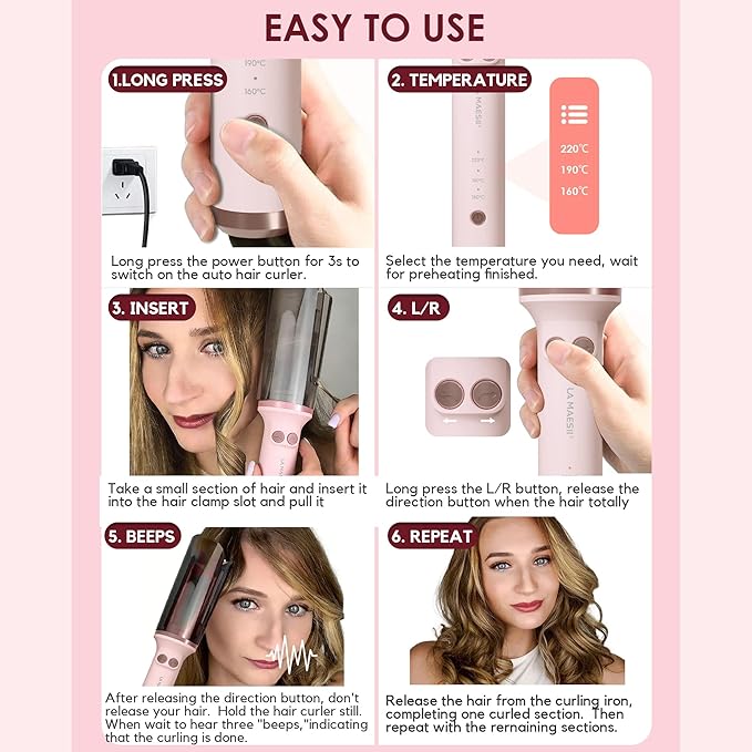 2PCS Automatic Curling Iron 1 Inch with 3 Temps Rotating Curling Iron 2-Way Rotation Hair Curler Ionic Ceramic Coating Anti-Scald &amp Tangle Auto Shut-Off for Hair Styling (Pink) (Pink*2PCS)