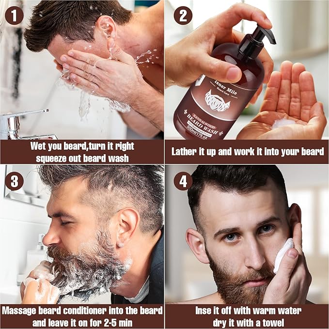 ISNER MILE Beard Wash &amp Conditioner Set for Men - 17 oz Shampoo with Biotin Argan &amp Jojoba Oils for Smooth Soft and Strengthened Beard - Sandalwood Scented Grooming Gift