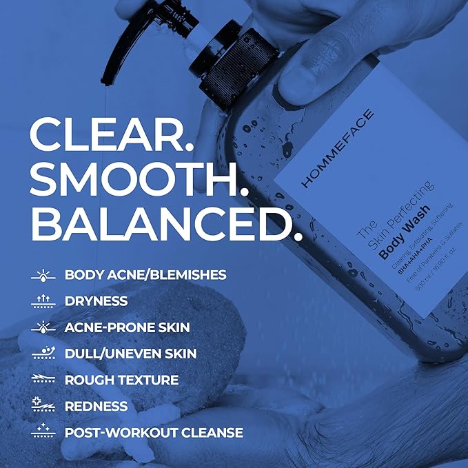 HommeFace Men’s The Skin Perfecting Body Wash with Pump 16.9 Fl. Oz. - Korean Skincare Technology for Body Acne with BHA AHA PHA