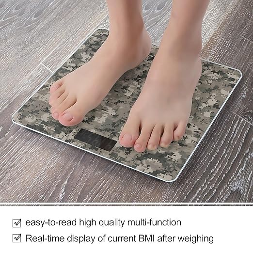 Army Digital Camouflage Scale for Body Weight Anti-Slip Sturdy Tempered Glass Weighing Machine Highly Digital Accurate Bright LCD Bathroom Scale for Household Gift